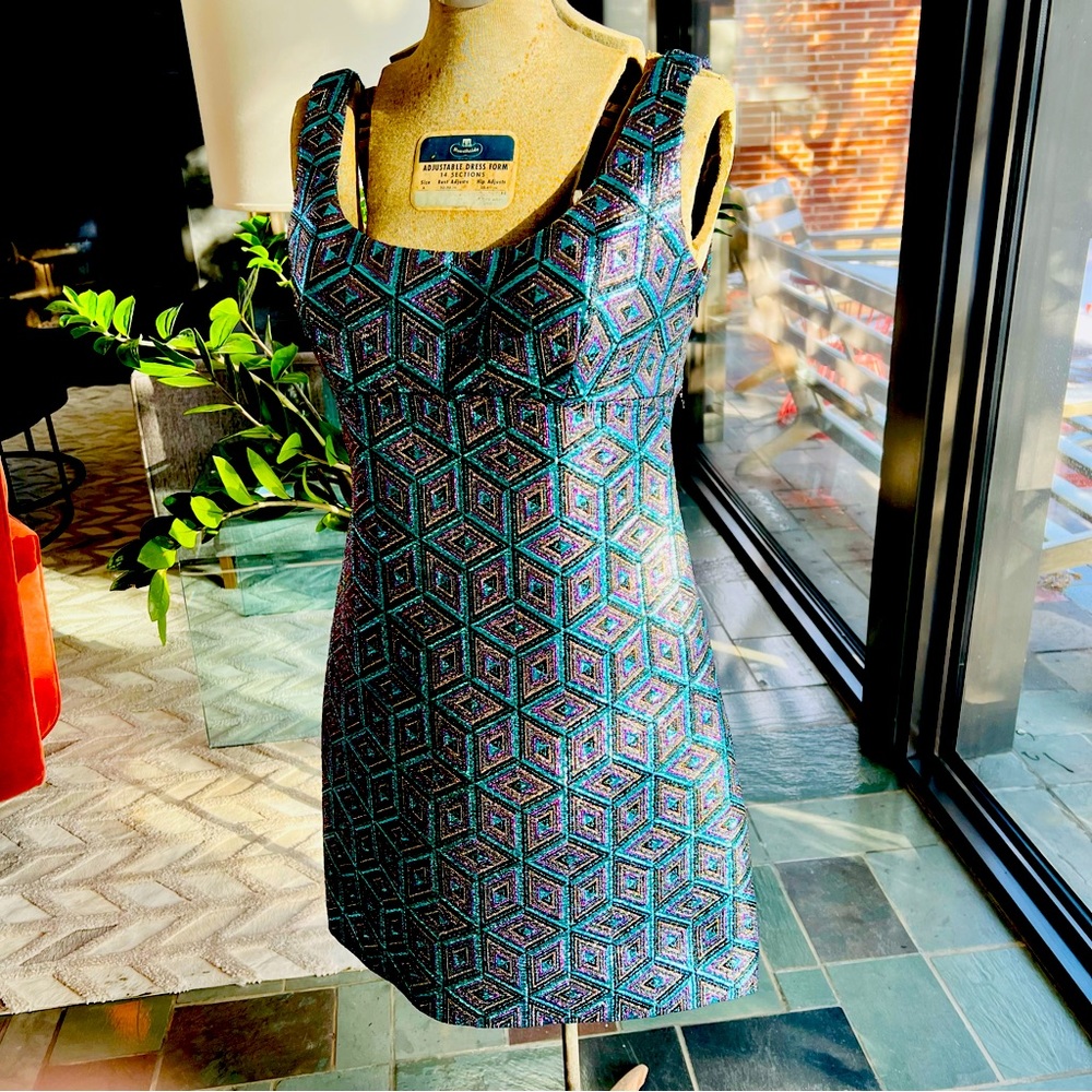 Milly sparkle dress (silver, purple, teal geo print). Size 4.